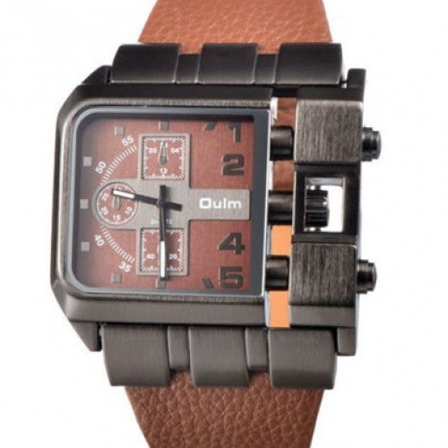 Wide Leather Strap Rectangle Watch